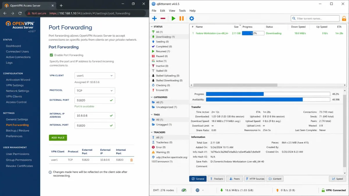 OVPN port forwarding configuration screen with an assigned port displayed, shown next to a torrent client downloading over the VPN connection.