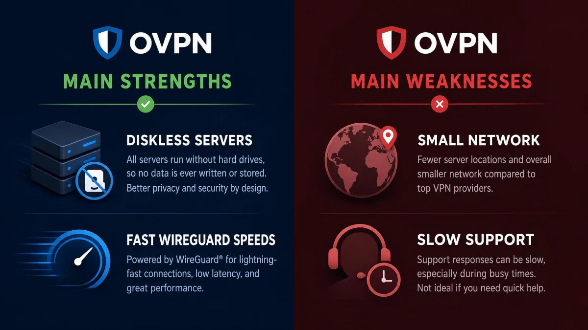Split-screen graphic listing OVPN's main strengths and weaknesses, with diskless servers and fast WireGuard speeds on one side and small network and slow support on the other.