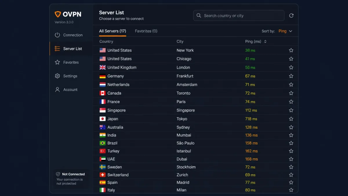 OVPN app server list showing available countries and cities with ping times, illustrating the smaller network of around 17 to 20 countries.