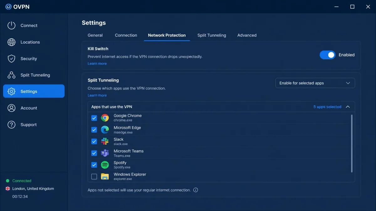 OVPN desktop settings panel showing the kill switch toggle enabled and the Windows split tunneling app selection list open.