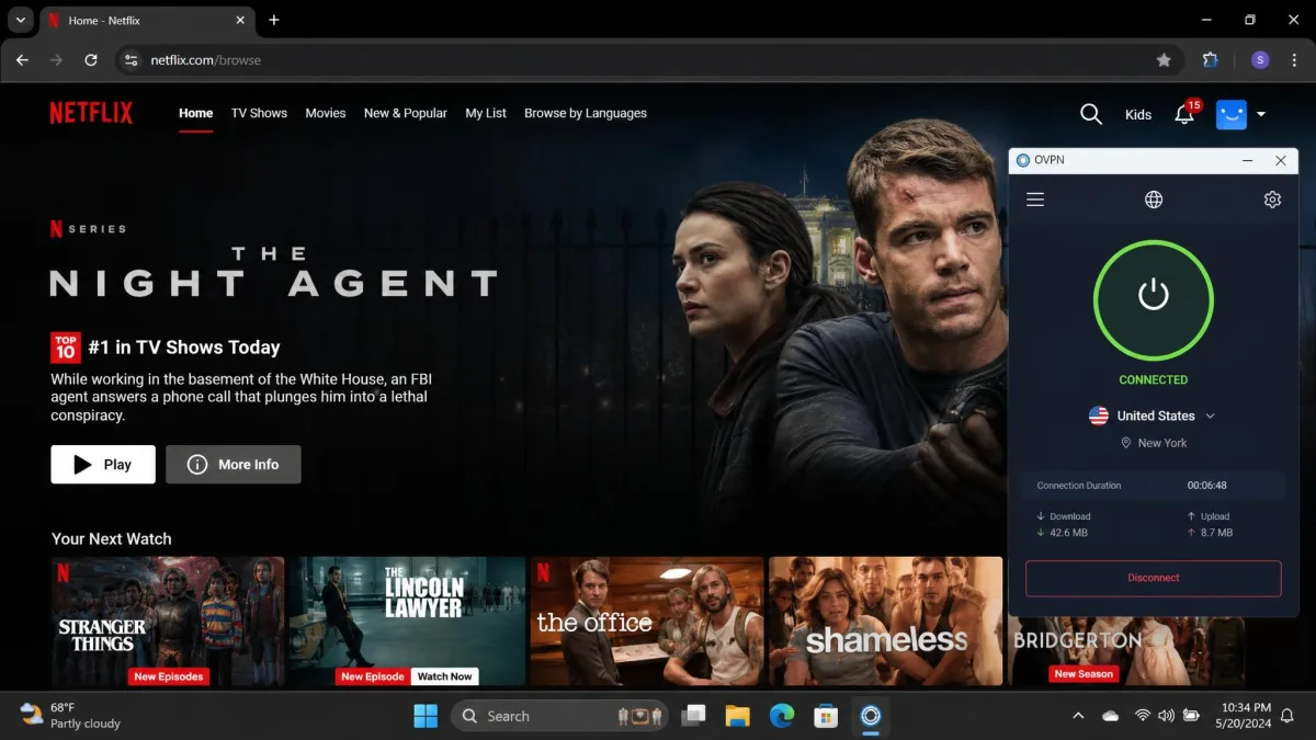 Netflix US home screen loading successfully in a browser while connected to an OVPN server, with the OVPN app visible showing an active connection.