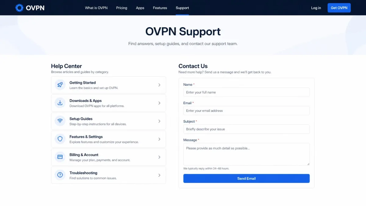 OVPN support and contact page showing the help center categories and the email contact form, with no live chat option visible.