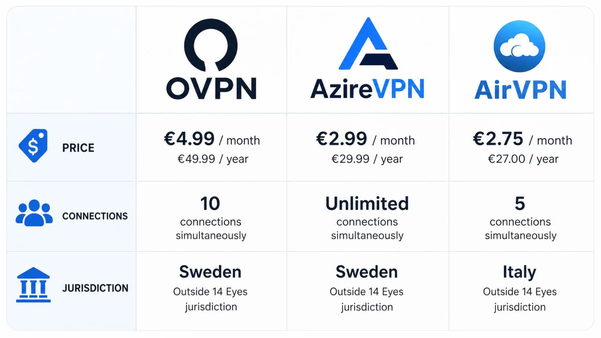 Comparison graphic showing the OVPN, AzireVPN, and AirVPN logos side by side above columns for price, connections, and jurisdiction.