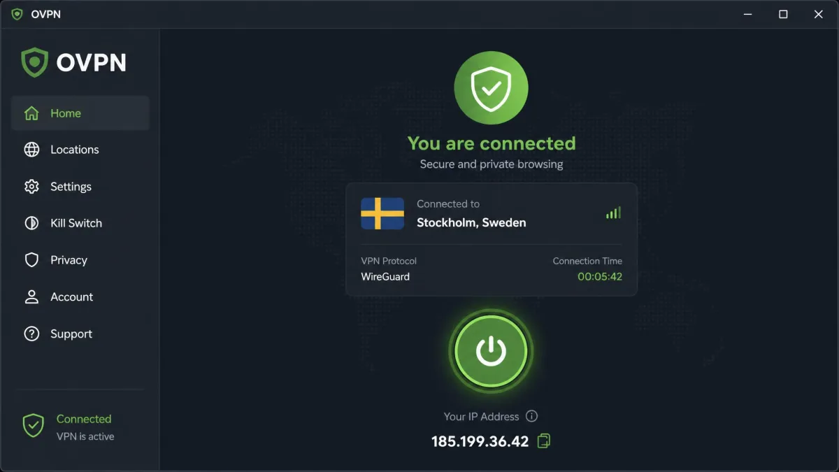 OVPN's Windows desktop app showing a connected status to a Stockholm server, with the large connect button lit green and the current IP address displayed below it.
