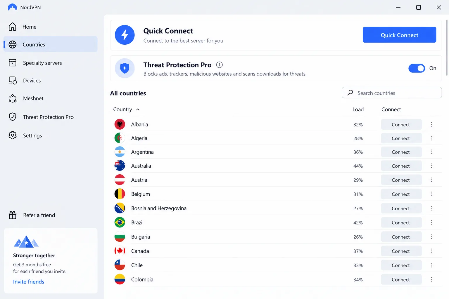 NordVPN's Windows app in list view, showing country servers sorted alphabetically with the Quick Connect button at the top and Threat Protection Pro toggled on.