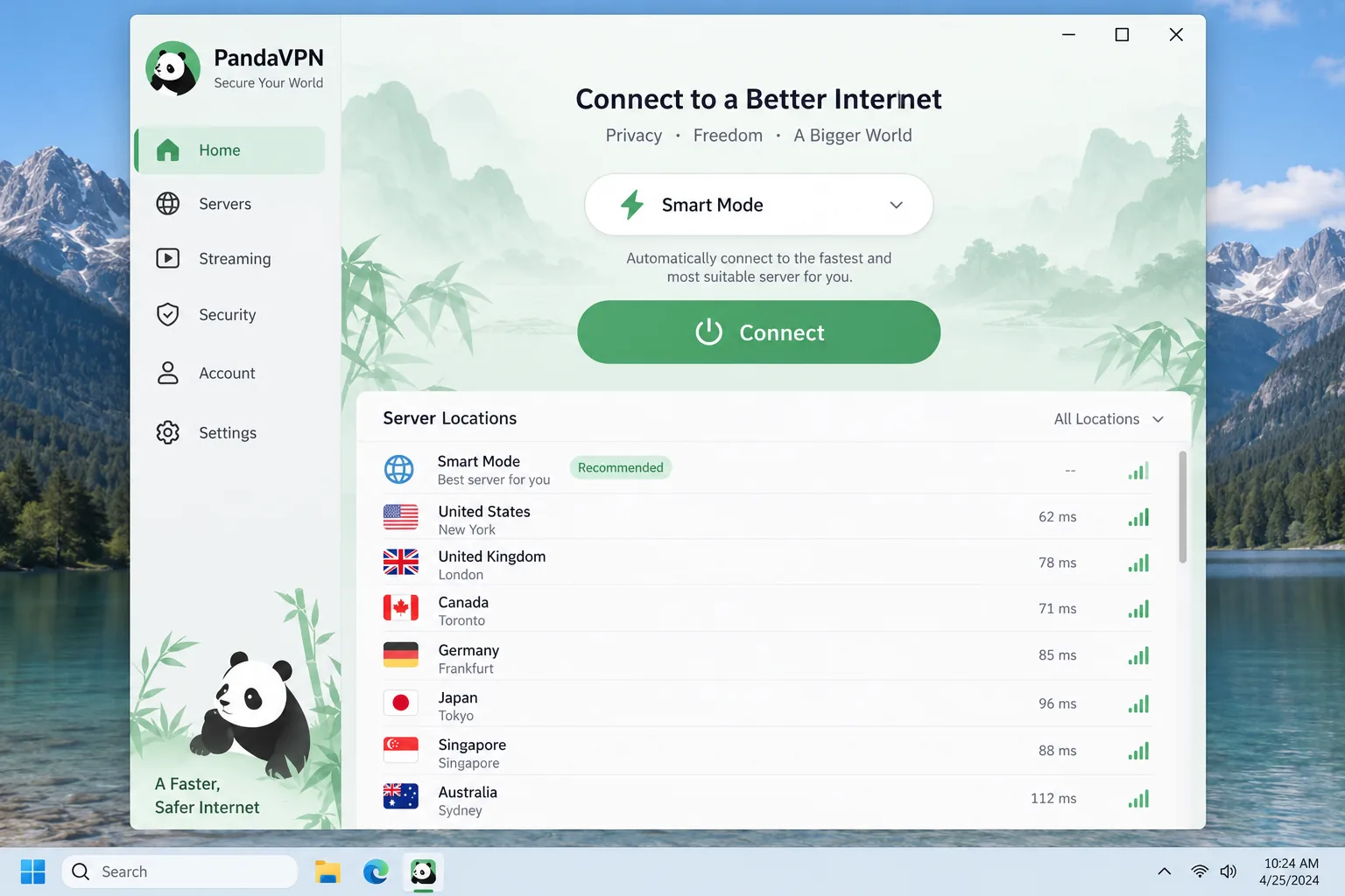 The PandaVPN desktop app on Windows with Smart Mode selected as the default connect option and a list of server locations below the connect button.
