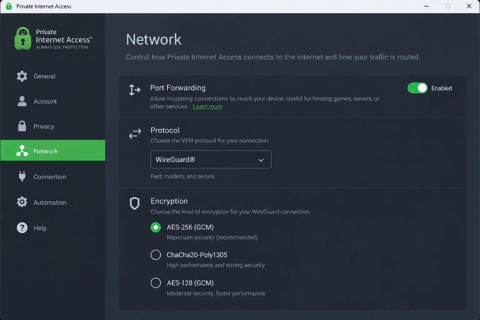 Private Internet Access desktop settings on Windows showing the Network tab with port forwarding enabled, the protocol set to WireGuard and the encryption options listed below.