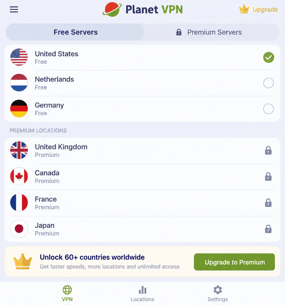 Planet VPN's free app showing its short list of free server countries, with premium locations marked by a lock icon and a banner offering an upgrade.