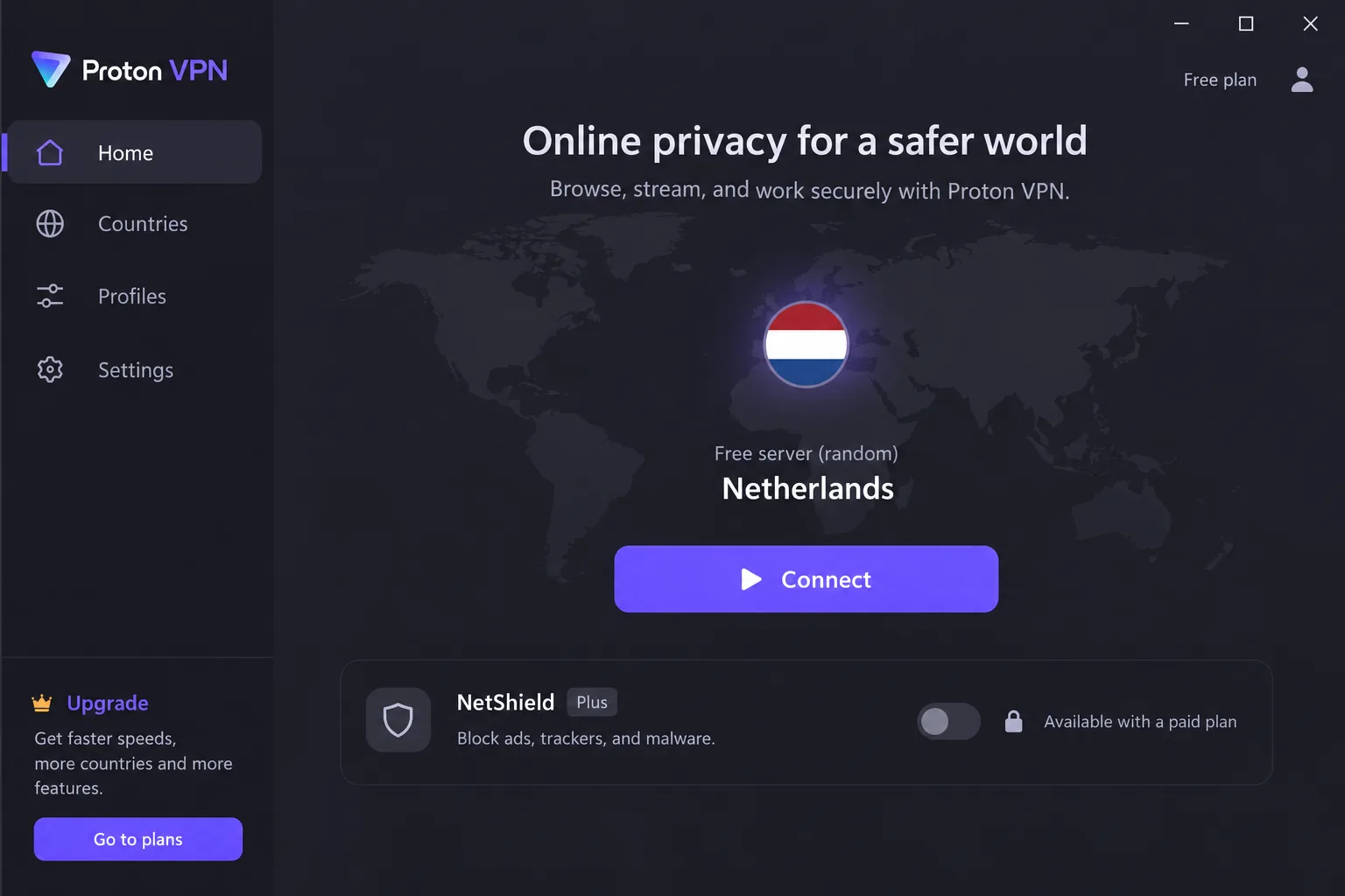 Proton VPN's desktop app on the free plan, showing the Connect button, the randomly selected free server country and the NetShield toggle greyed out as a paid feature.