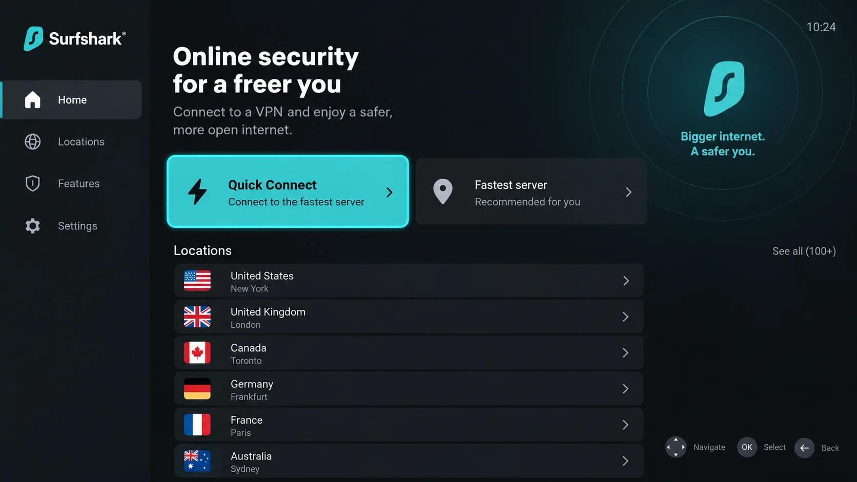 Surfshark's Android TV app home screen with the Quick Connect tile, a fastest-server suggestion and the location list navigable by remote control.