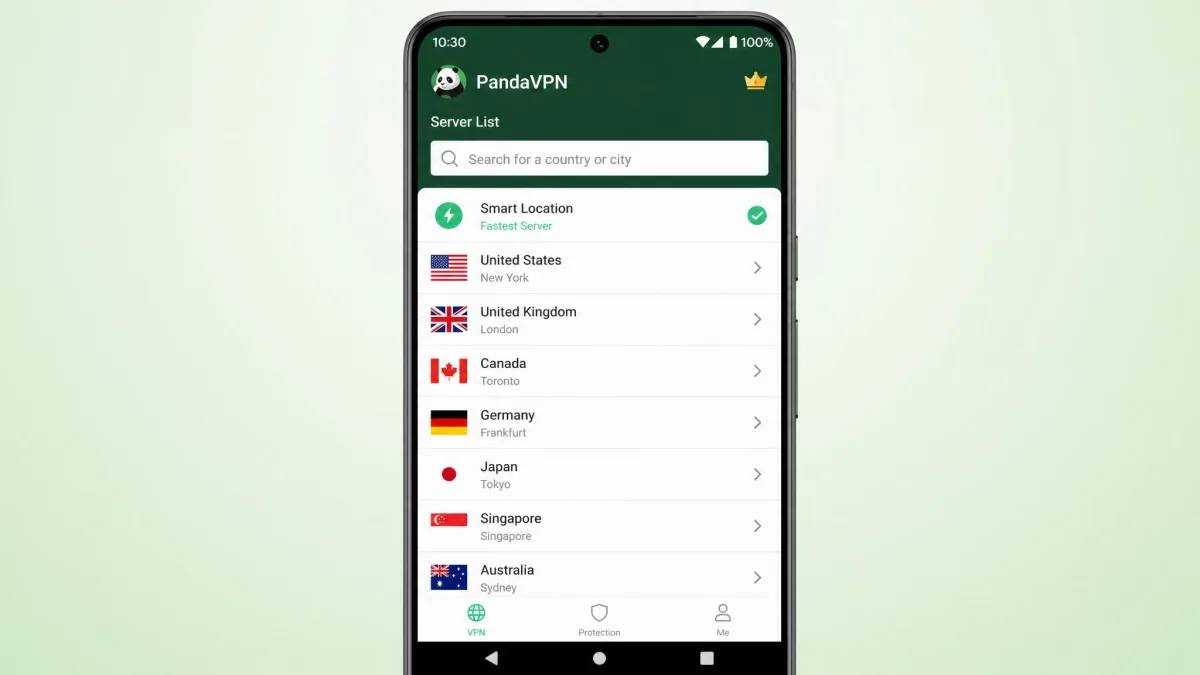 The PandaVPN Android app showing its server location list with a search box and country flags, on a smartphone screen.