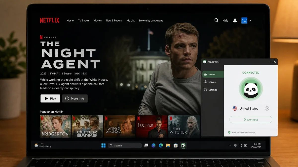 A laptop screen showing Netflix playing while PandaVPN is connected to a US server, with the VPN app visible in a corner.
