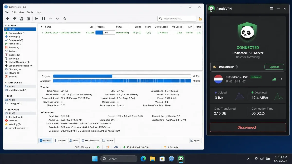 A torrent client downloading a 5GB file while PandaVPN is connected to a dedicated P2P server, showing download speed and progress.