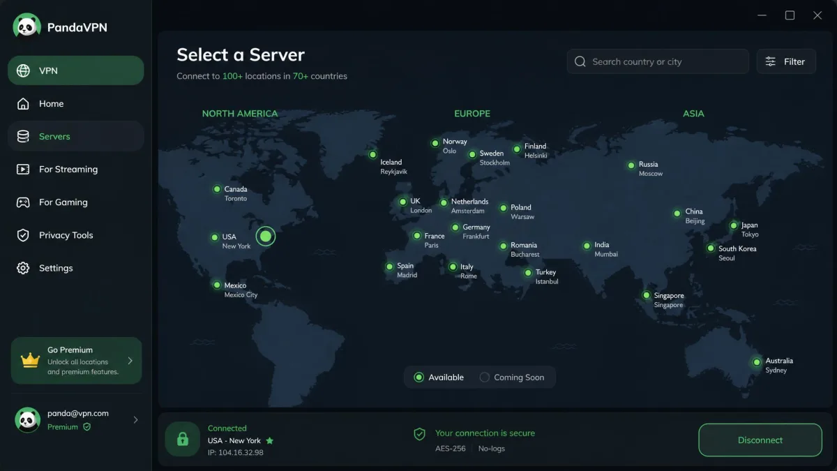PandaVPN's server-selection map highlighting available country locations across Europe, Asia, and North America inside the desktop app.