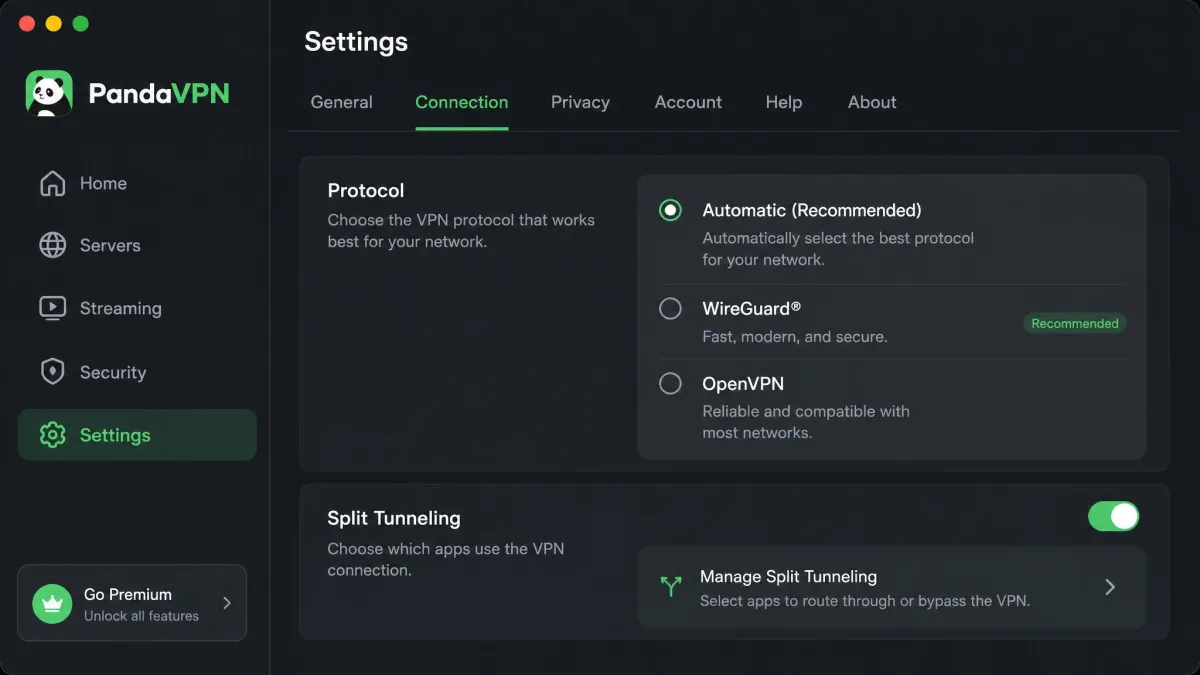 PandaVPN's settings screen showing the protocol selection menu with WireGuard, OpenVPN, and an automatic option, alongside a split-tunneling toggle.