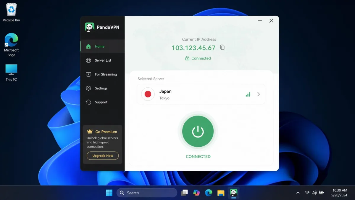 PandaVPN's Windows desktop app on the connected screen, showing a chosen server location, a large connect button, and the current IP address at the top.