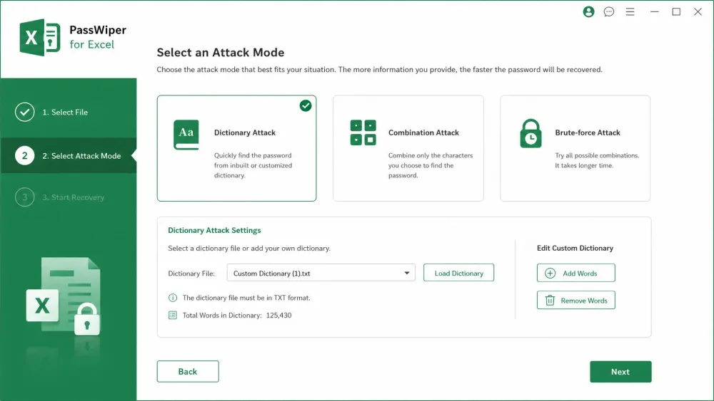 The PassWiper for Excel attack-mode selection screen showing Dictionary, Combination, and Brute-force options with a settings panel for loading a custom dictionary.