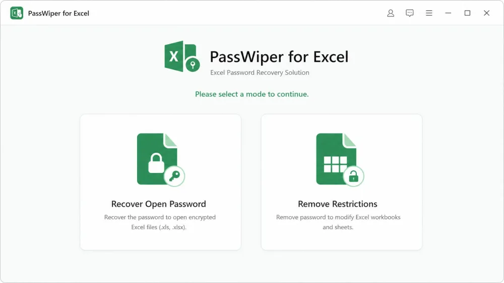 The PassWiper for Excel main menu showing the two mode tiles, Recover Open Password and Remove Restrictions, on a clean light interface.