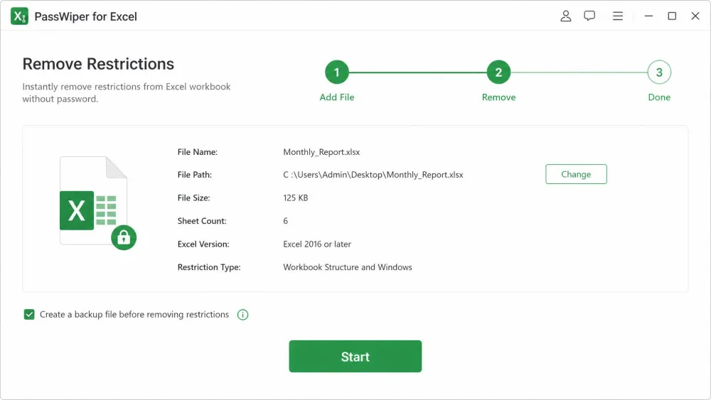 The PassWiper for Excel Remove Restrictions screen with a loaded workbook and a green Start button, showing the three-step progress indicator at the top.