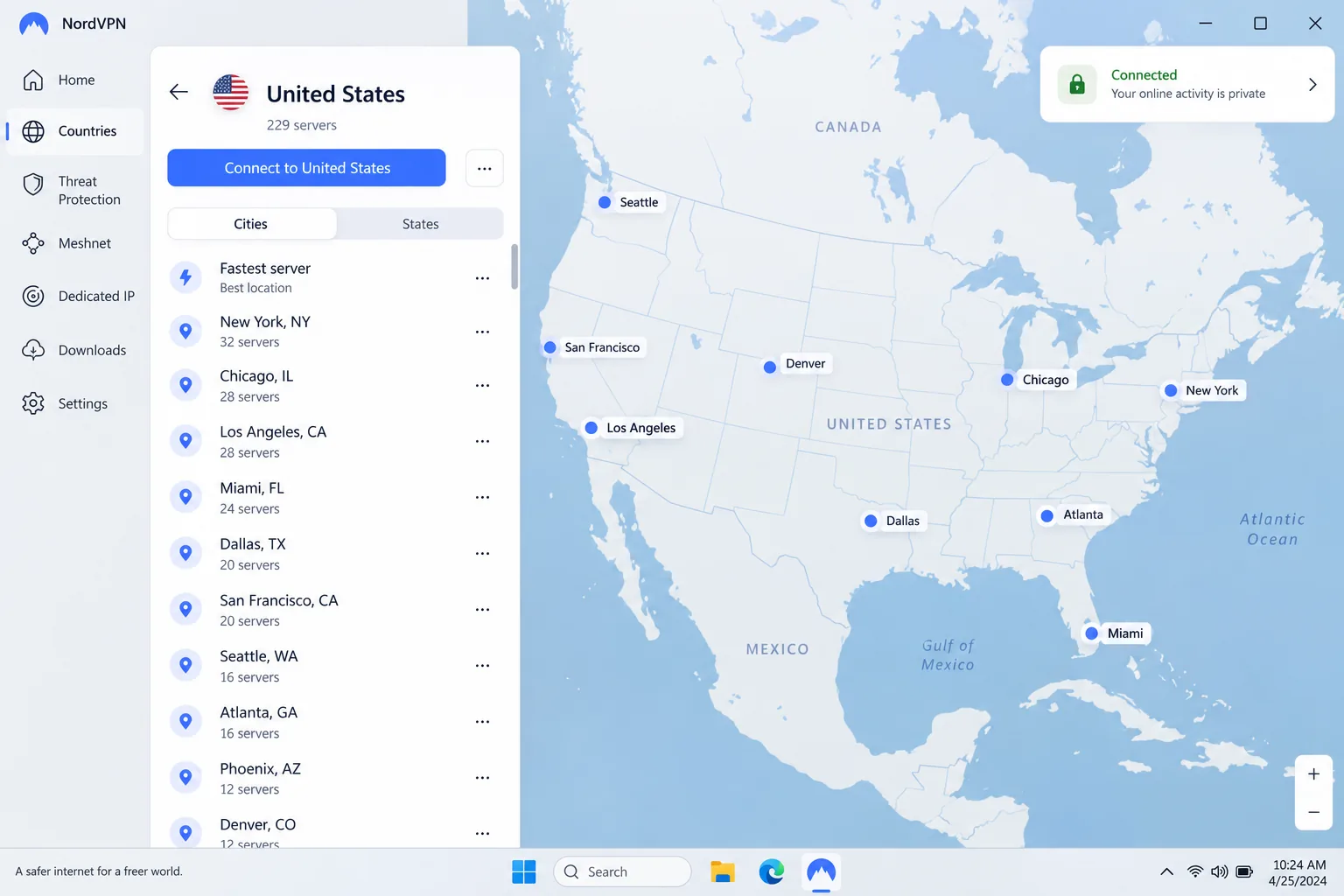 NordVPN's Windows app with the server list open on the United States, showing individual state and city locations such as New York, Chicago and Los Angeles beneath the country heading.