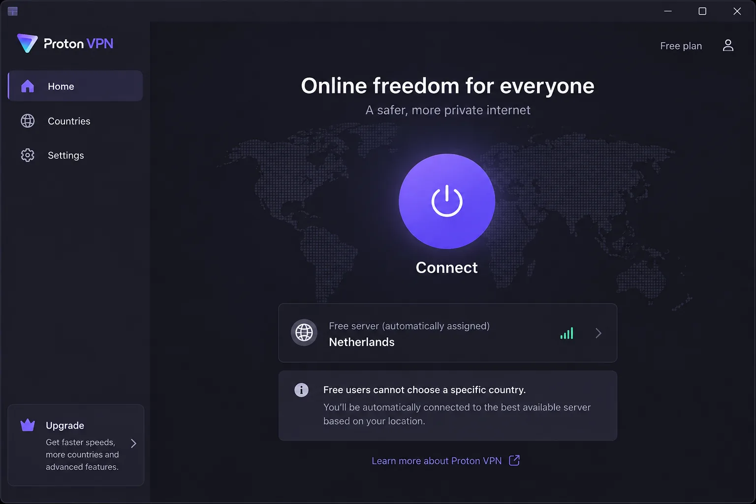 Proton VPN's free plan home screen on Windows, showing the large Connect button, the automatically assigned free server and the note that free users cannot pick a specific country.