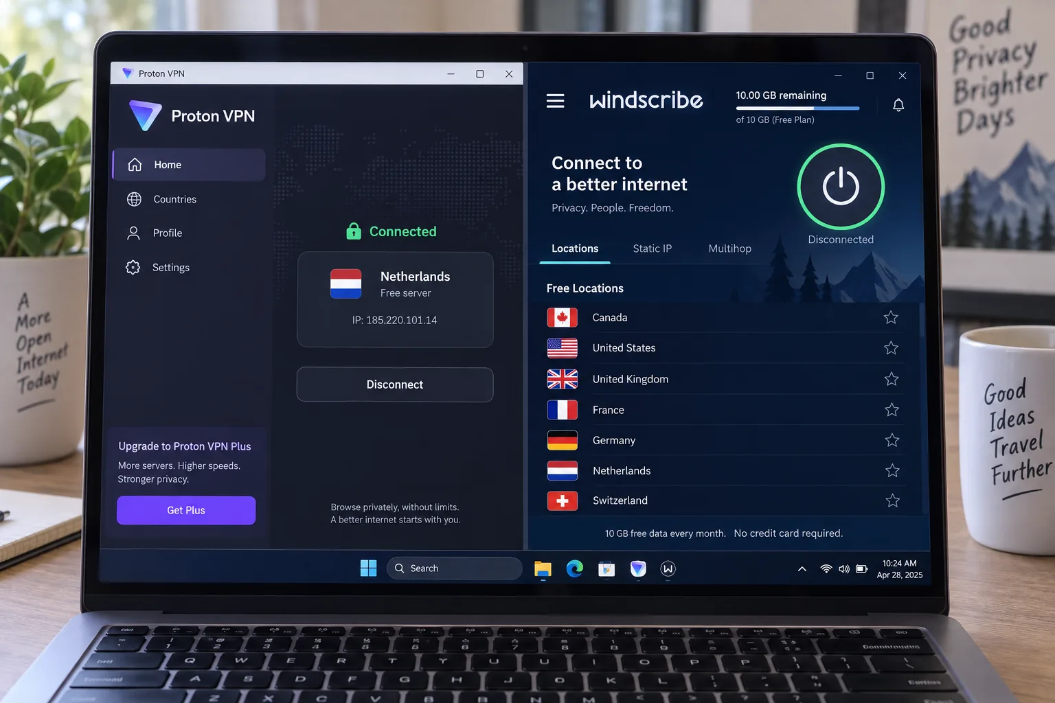 Proton VPN's free plan and Windscribe's free plan open side by side on a laptop, with Proton showing its assigned free server and Windscribe showing its list of free countries and remaining data.