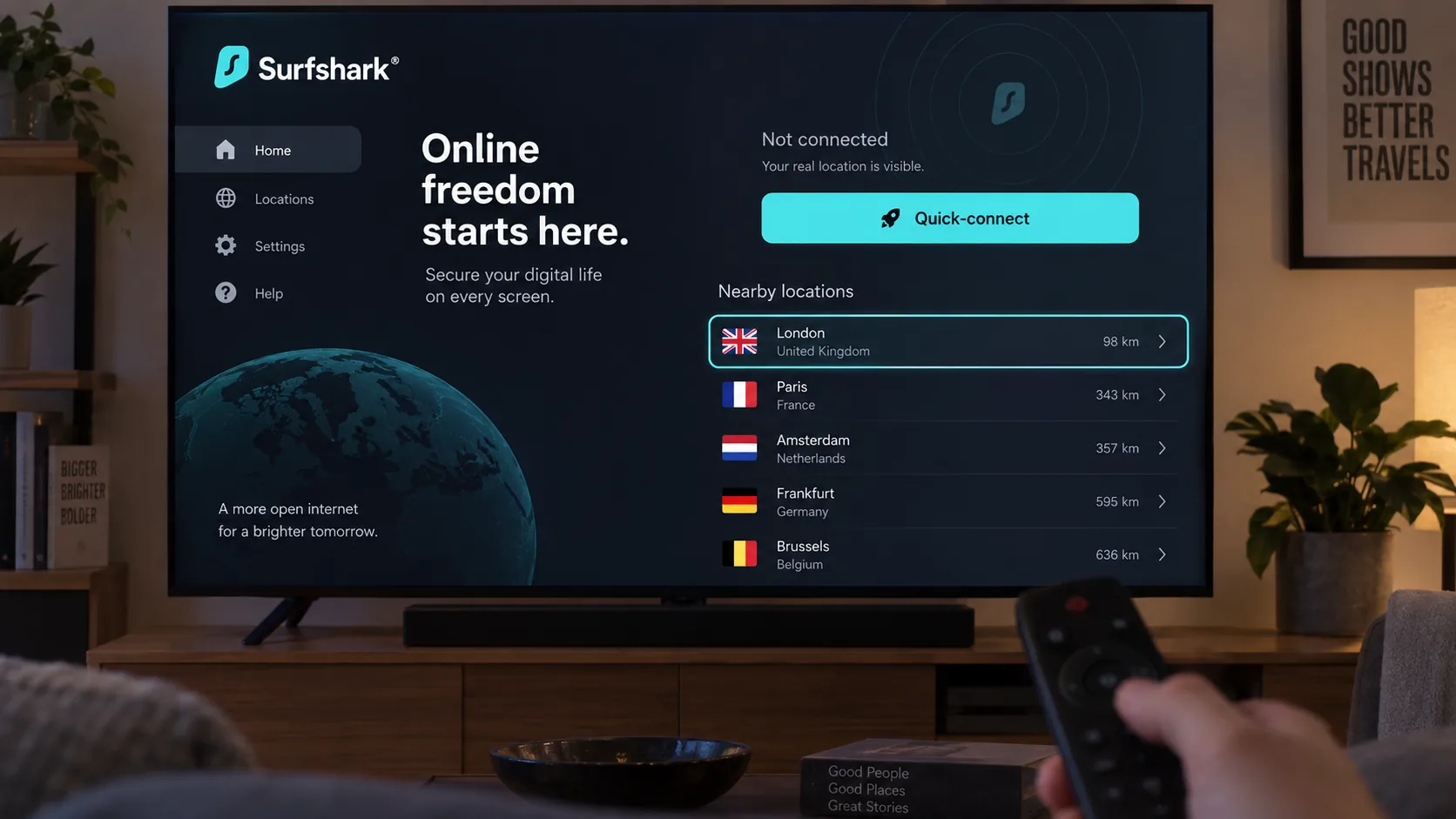 Surfshark's Android TV app on a living-room television, showing the Quick-connect button and a list of nearby city servers navigable with a remote.