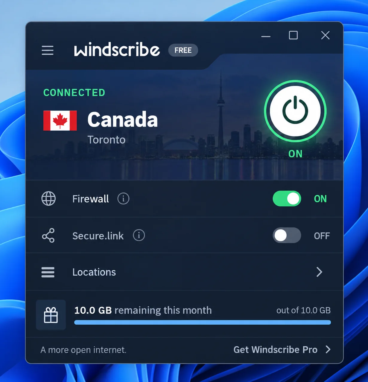 Windscribe's Windows app on the free plan, connected to a Canadian server, with the remaining monthly data allowance shown at the bottom of the window.