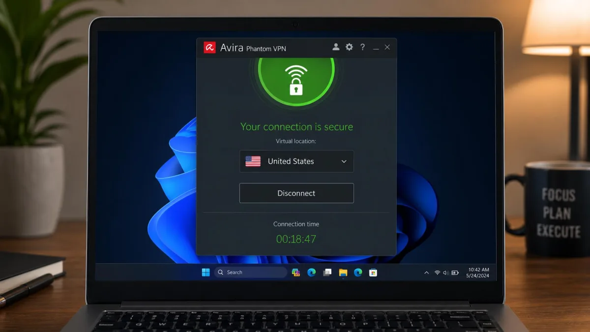 Avira Phantom VPN app showing a successful connection with the protected status indicator, selected country, and elapsed session time on a laptop.