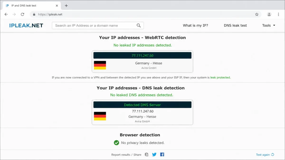 Browser-based IP and DNS leak test result showing only the Avira Phantom VPN server address while connected, with no leak of the real IP address.