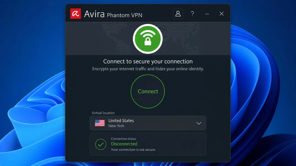 Avira Phantom VPN desktop app main window showing a large connect button, the selected virtual location, and the current connection status on a Windows machine.