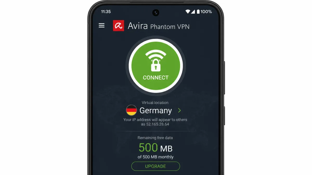 Avira Phantom VPN Android app showing the single connect button, chosen server country, and remaining free data allowance on a smartphone screen.