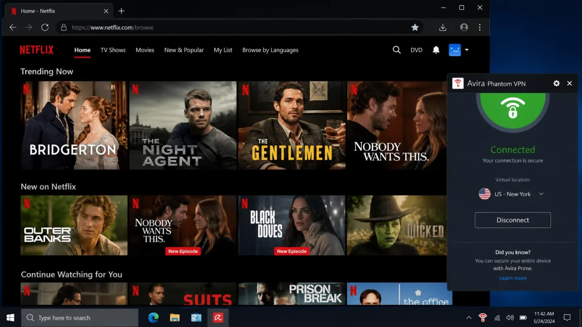 Netflix home screen loading successfully through Avira Phantom VPN on a US server, with the app's connected status visible in the system tray.