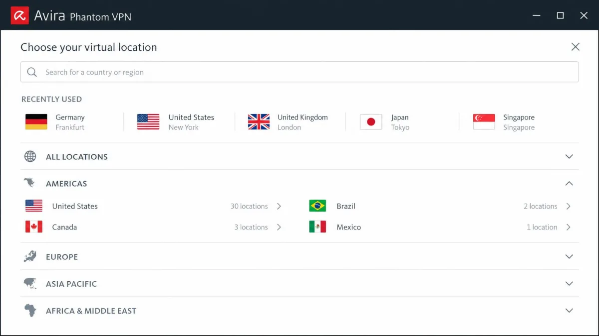 Avira Phantom VPN location picker listing available countries grouped by region, with the search box and recently used locations at the top.