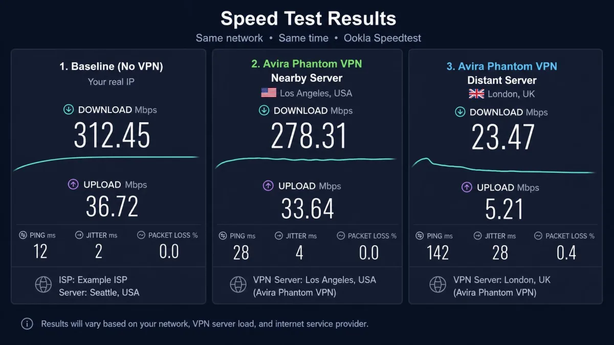 Side-by-side speed test results showing baseline download speed versus Avira Phantom VPN on a nearby server and a distant server, with the distant result markedly slower.