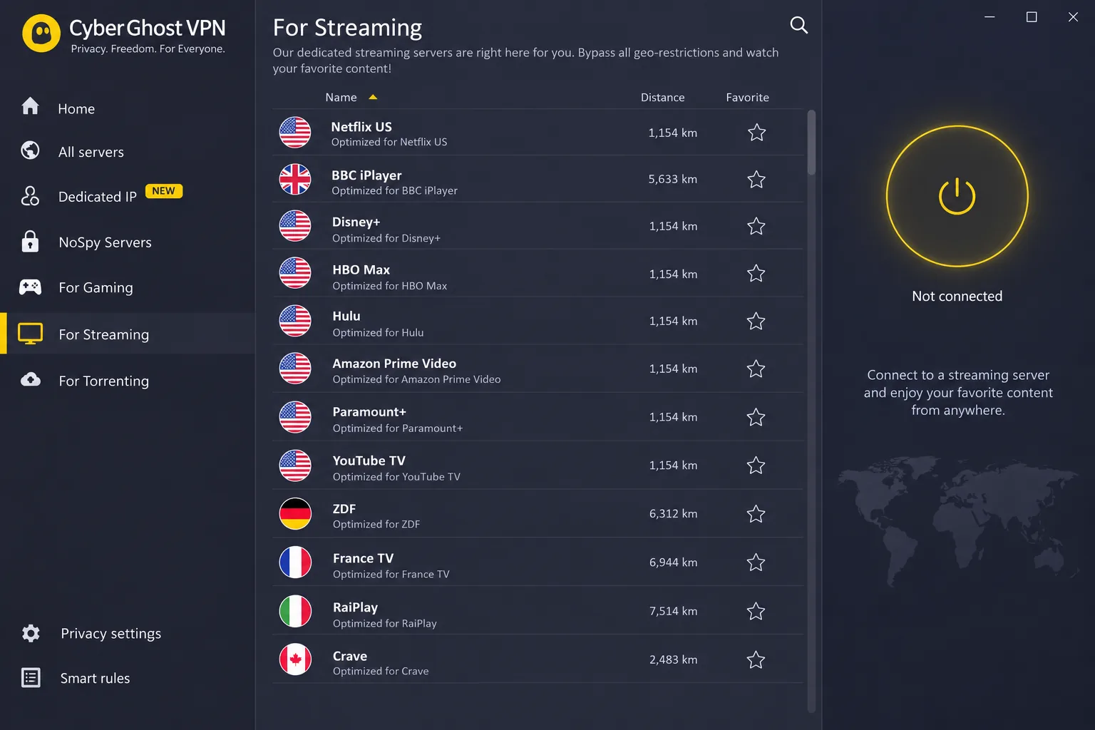 CyberGhost's server menu filtered to streaming servers, each labelled with the platform it is built for, such as Netflix US, BBC iPlayer and Disney+.