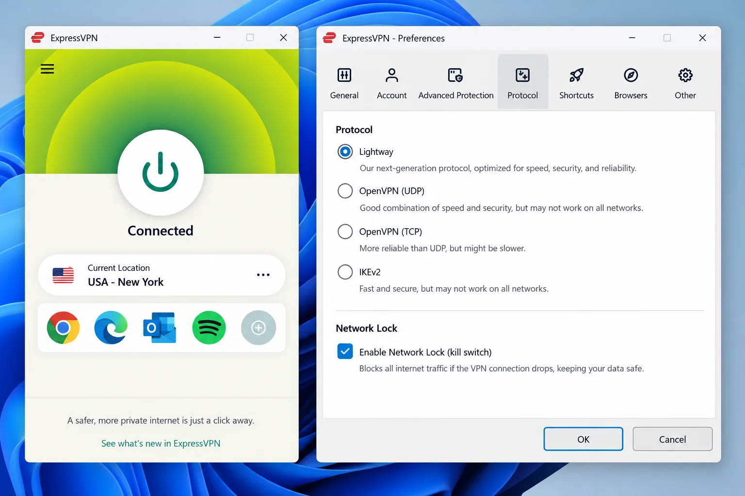 ExpressVPN's desktop app with the Network Lock kill switch setting enabled and the Lightway protocol selected in the connection preferences.