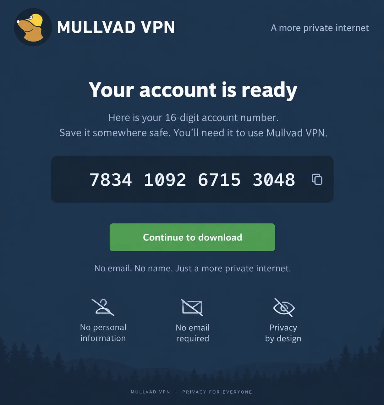 Mullvad VPN's sign-up screen displaying a newly generated 16-digit account number, with no email or name fields on the page.