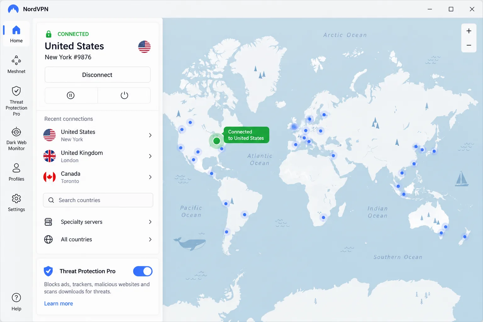 The NordVPN Windows app connected to a U.S. server, showing the world map view and the Threat Protection Pro toggle in the left sidebar.