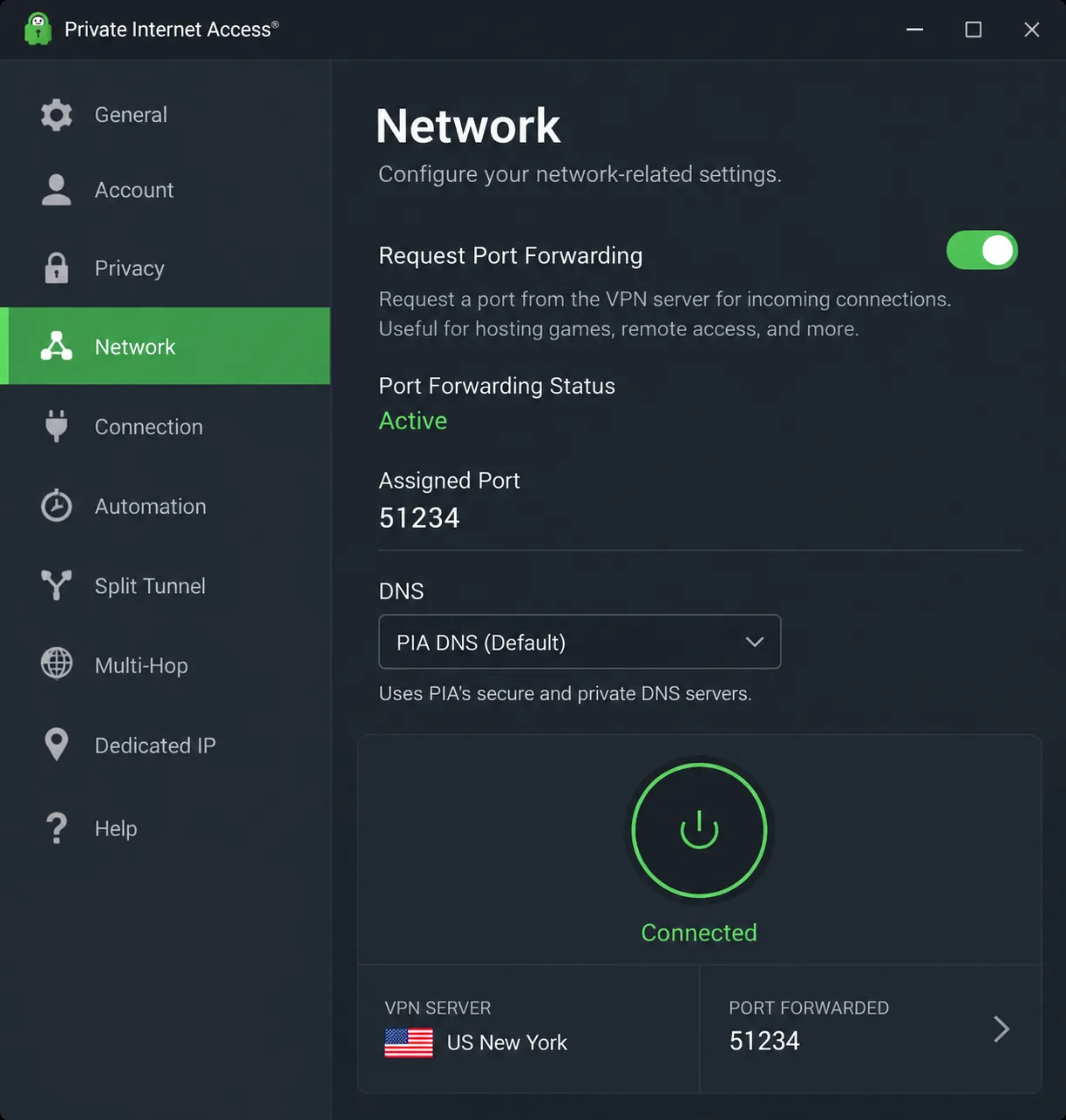 The PIA desktop app's Network settings with the Request Port Forwarding toggle switched on and the assigned port number displayed under the connect button.