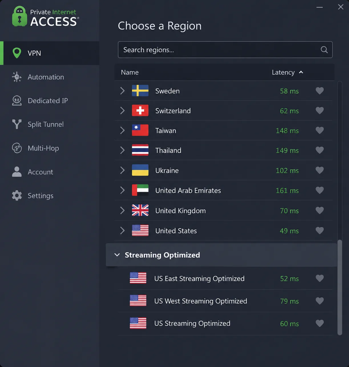 The PIA region list scrolled to its separate streaming-optimized section, with entries such as US Streaming Optimized listed below the standard country servers.