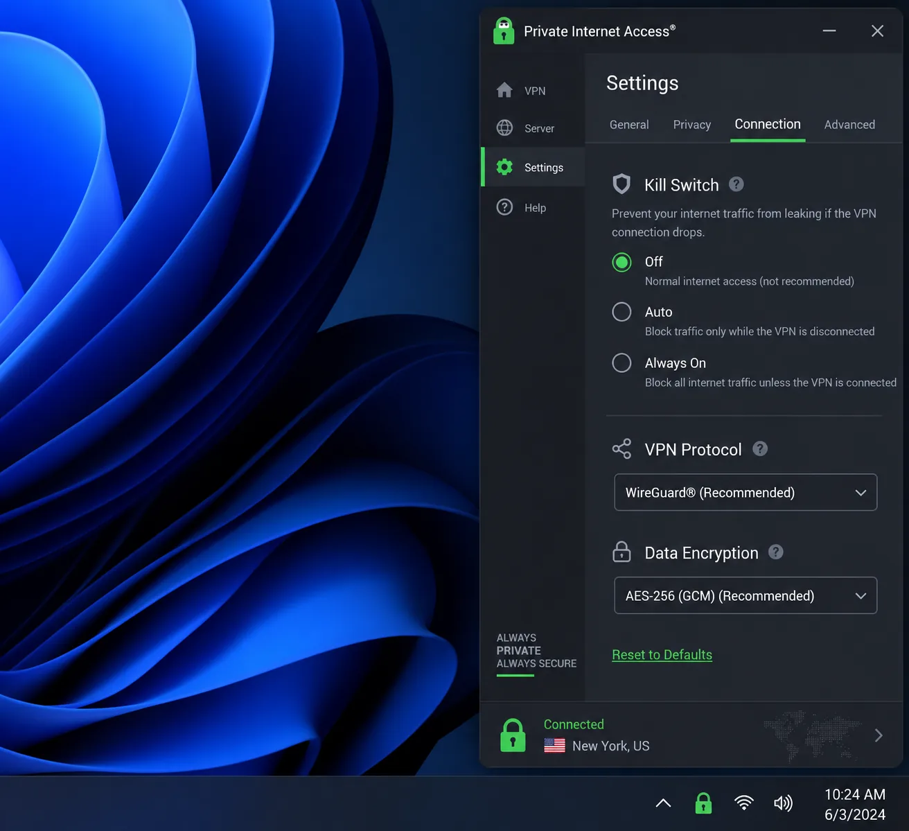 The Private Internet Access Windows app docked above the system tray, with the settings panel open on kill switch levels, protocol choice and encryption options.