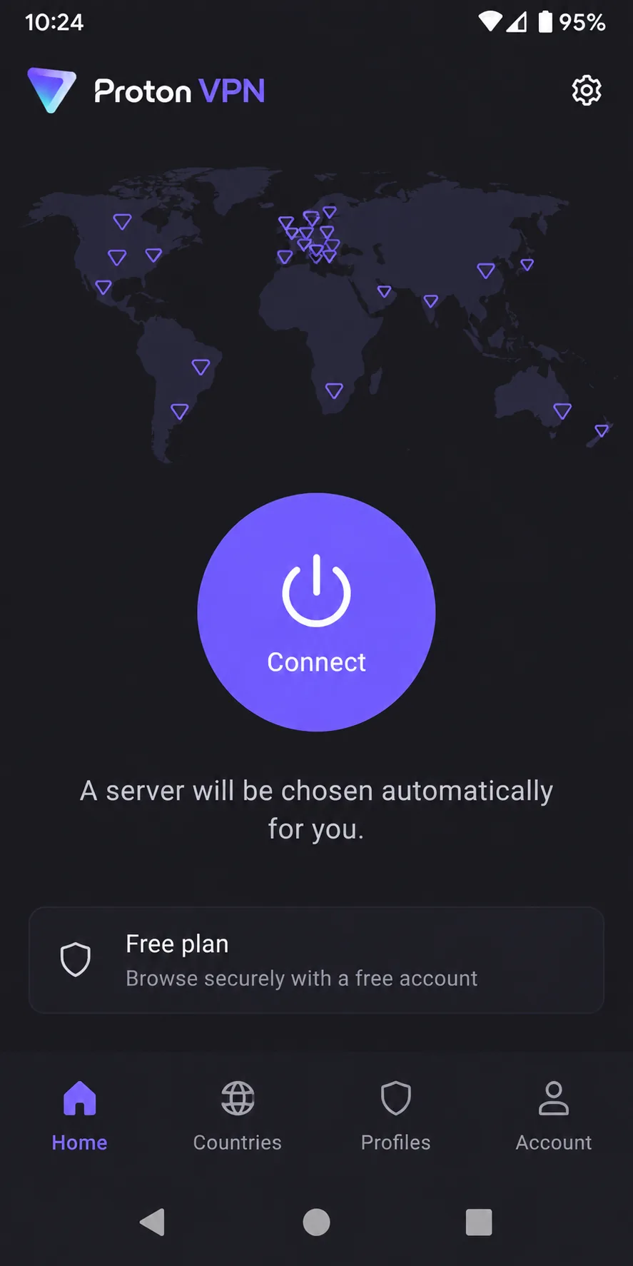 The Proton VPN app on Android signed in to a free account, showing the single Connect button and a note that the server is chosen automatically.