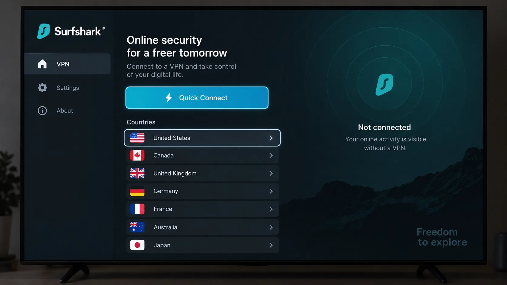 The Surfshark app on an Android TV home screen, showing the Quick Connect button and a country list navigable with a TV remote.