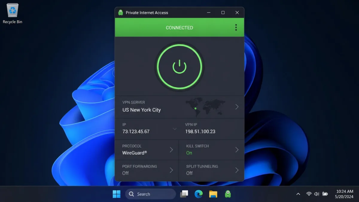 The Private Internet Access desktop app on Windows showing a connected status with a US server selected, the large power button lit green, and the quick-settings tiles for protocol and kill switch below it.