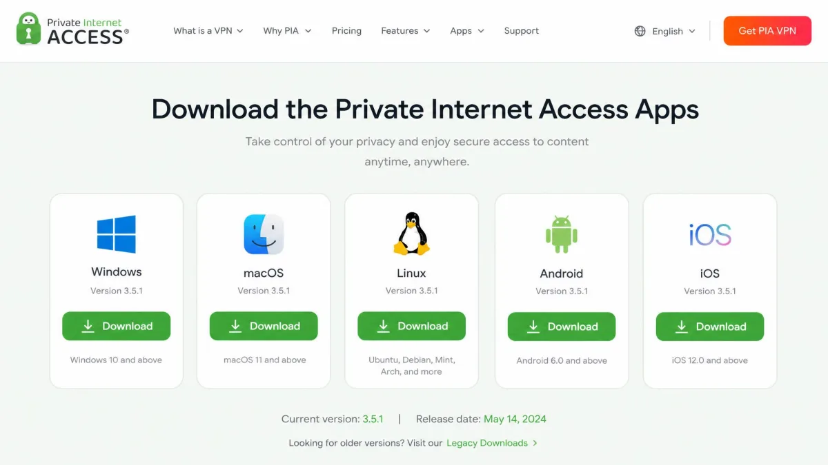 The Private Internet Access download page showing app download buttons for Windows, macOS, Linux, Android, and iOS, with the current version number listed.