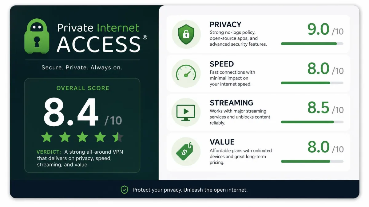 A summary rating card for Private Internet Access showing an 8.4 out of 10 score with sub-scores for privacy, speed, streaming, and value.