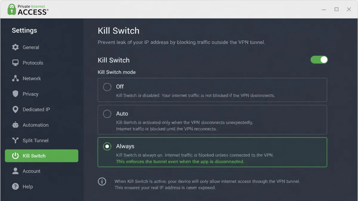 The PIA kill switch settings showing the three modes, Off, Auto, and Always, with Always selected and an explanation of how it enforces the tunnel even when the app is disconnected.