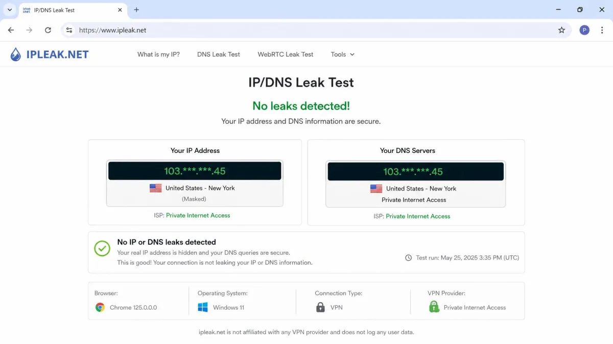 A browser-based IP and DNS leak test showing a masked IP address and matching DNS server location while connected to Private Internet Access, confirming no leaks.
