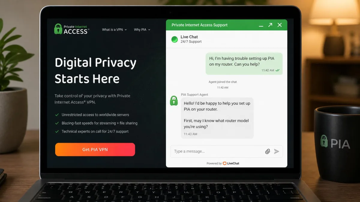 The Private Internet Access 24/7 live chat window open on a laptop, showing a support agent responding within about a minute to a setup question.